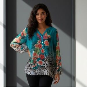 Soft Surroundings Teal Floral Leopard Tunic